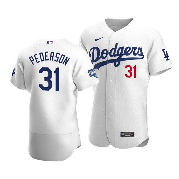 Men's Los Angeles Dodgers #31 Joc Pederson White 2020 World Series Champions Patch Flex Base Stitched MLB Jersey